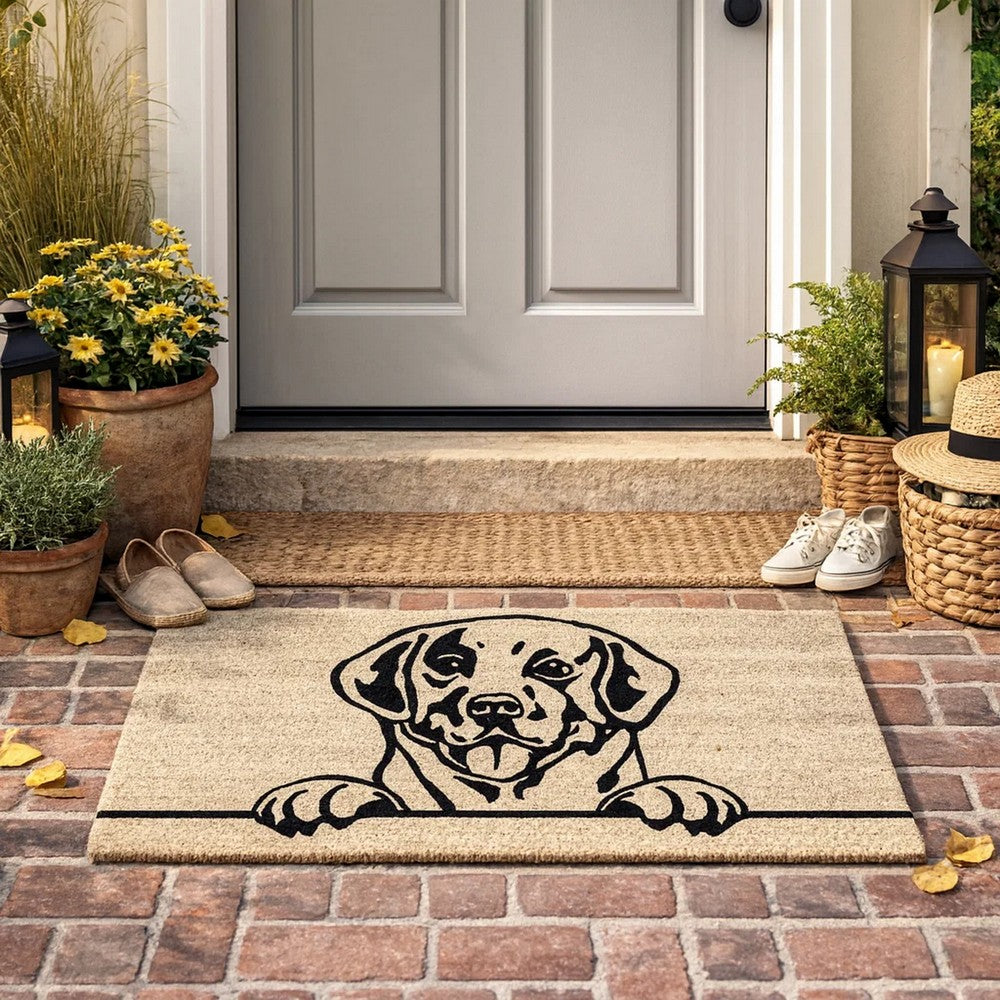 Doe 24 x 36 Doormat, Woven Happy Dog Print, Black Sand Coir Nonslip Back By Casagear Home