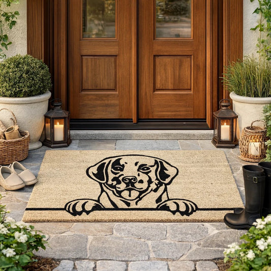 Doe 24 x 36 Doormat, Woven Happy Dog Print, Black Sand Coir Nonslip Back By Casagear Home