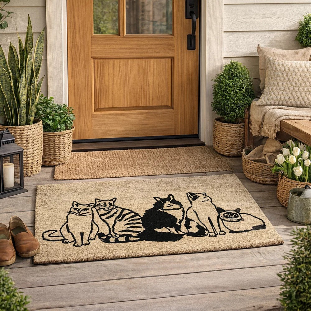 Doe 24 x 36 Doormat, Woven Happy Cat Print, Black Sand Coir Nonslip Back By Casagear Home
