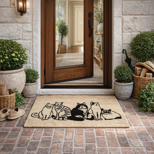 Doe 24 x 36 Doormat, Woven Happy Cat Print, Black Sand Coir Nonslip Back By Casagear Home