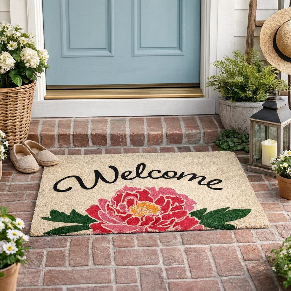 Peo 24 x 36 Doormat, Woven Welcome Floral Print, Pink Sand Coir Nonslip By Casagear Home