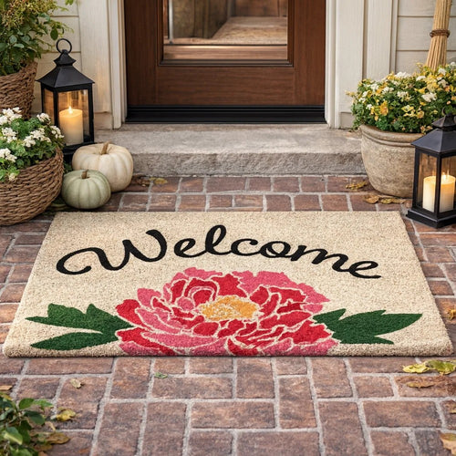 Peo 24 x 36 Doormat, Woven Welcome Floral Print, Pink Sand Coir Nonslip By Casagear Home