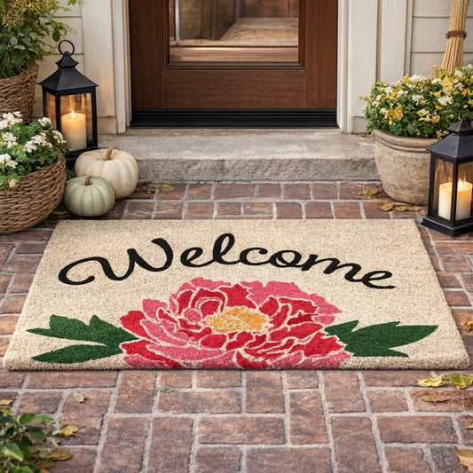 Peo 24 x 36 Doormat, Woven Welcome Floral Print, Pink Sand Coir Nonslip By Casagear Home