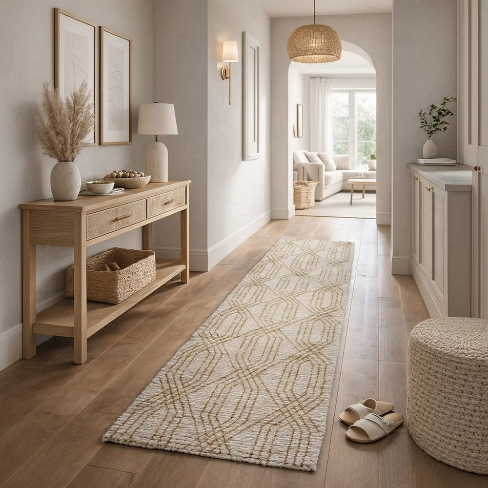 Figo 3 x 8 Hallway Runner Rug, Handwoven Diamond Lattice, Natural Ivory By Casagear Home