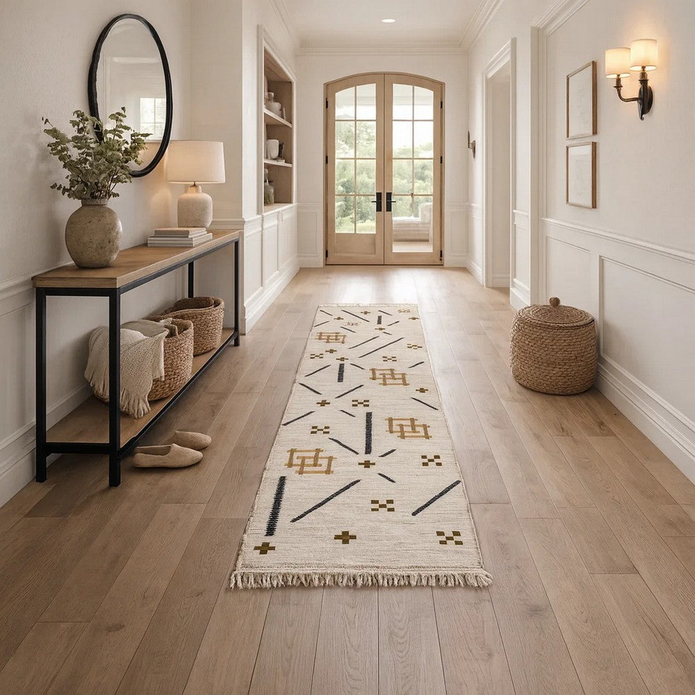 Hona 3 x 8 Hallway Runner Rug, Handwoven Traditional Tassels, Ivory Wool By Casagear Home