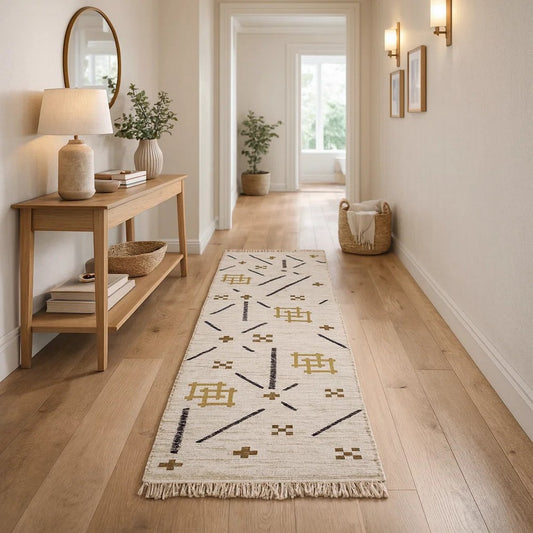 Hona 3 x 8 Hallway Runner Rug, Handwoven Traditional Tassels, Ivory Wool By Casagear Home