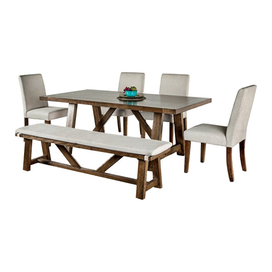 Jule 6pc Dining Set, Brown Rectangular Table, Chairs, Bench w White Seats By Casagear Home