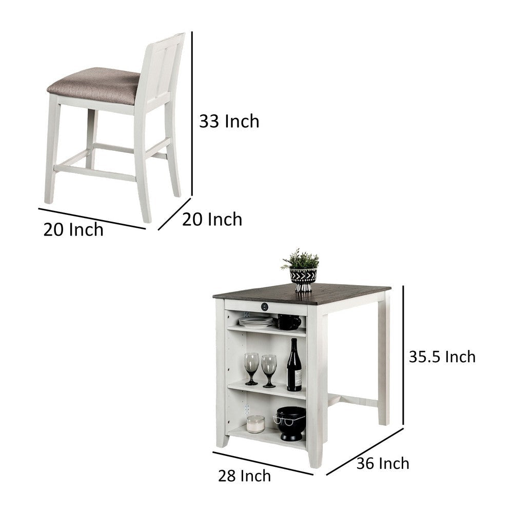 Lessi 3pc Counter Height Table Set with Side Shelf USB White Gray Wood By Casagear Home BM319793