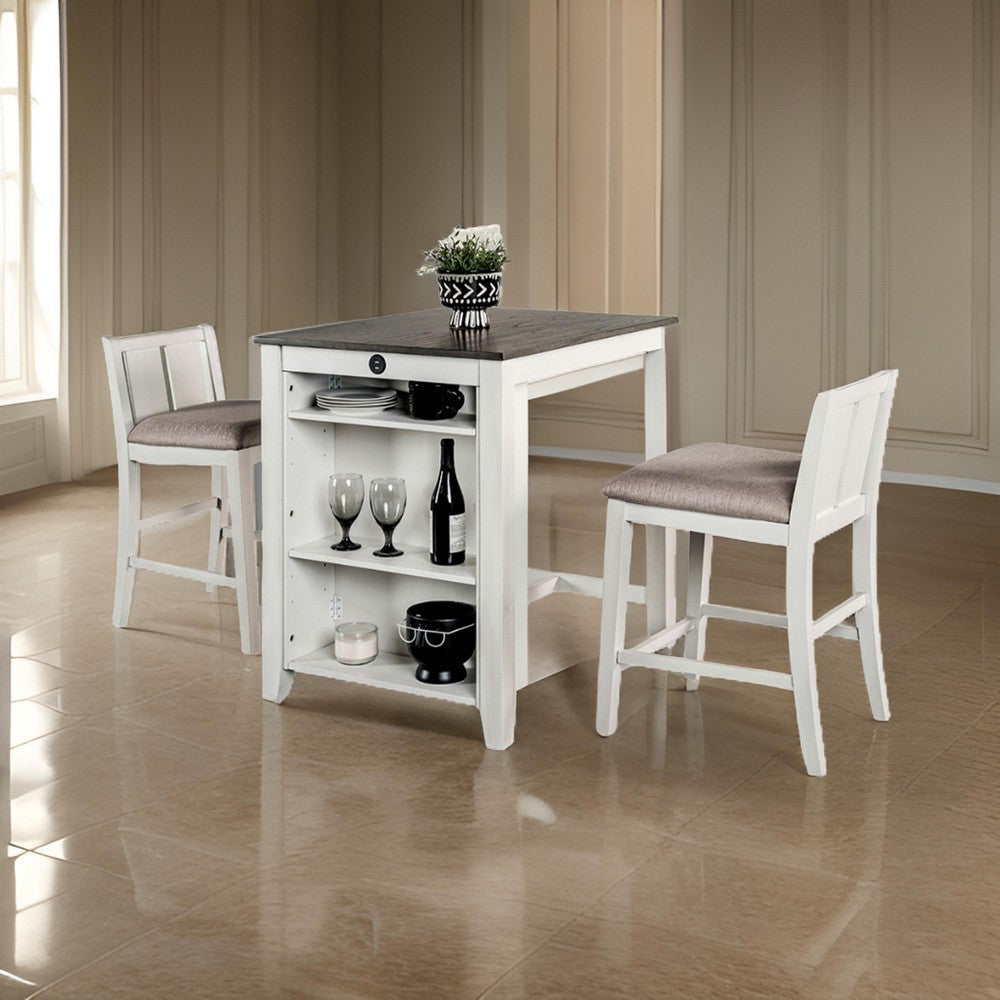 Lessi 3pc Counter Height Table Set with Side Shelf, USB , White Gray Wood By Casagear Home