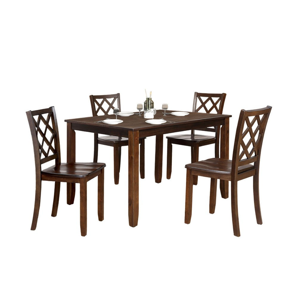 Ziko 5 Piece Dining Table Set, 4 Cross Back Chairs, Cherry Brown Solid Wood By Casagear Home