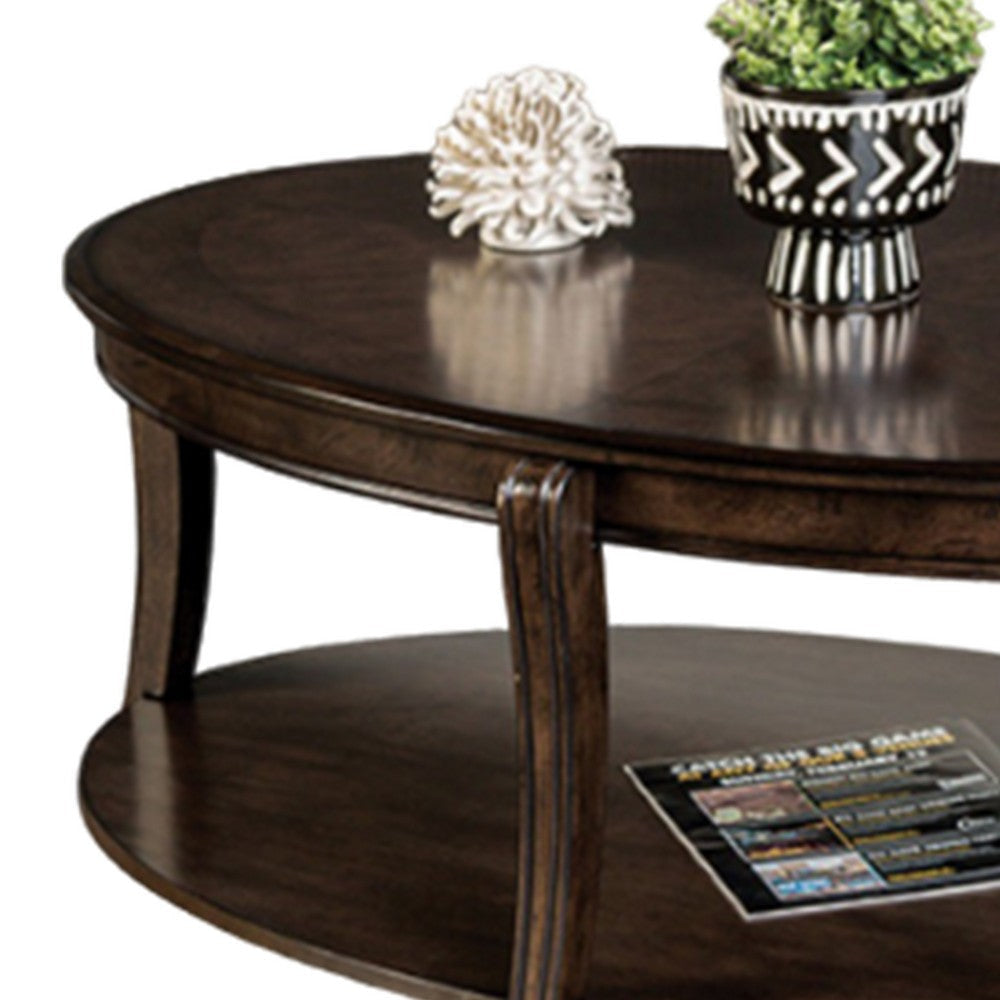 Orio Coffee Table with Open Shelves 49 Inch Oval Top Brown Wood By Casagear Home BM319796