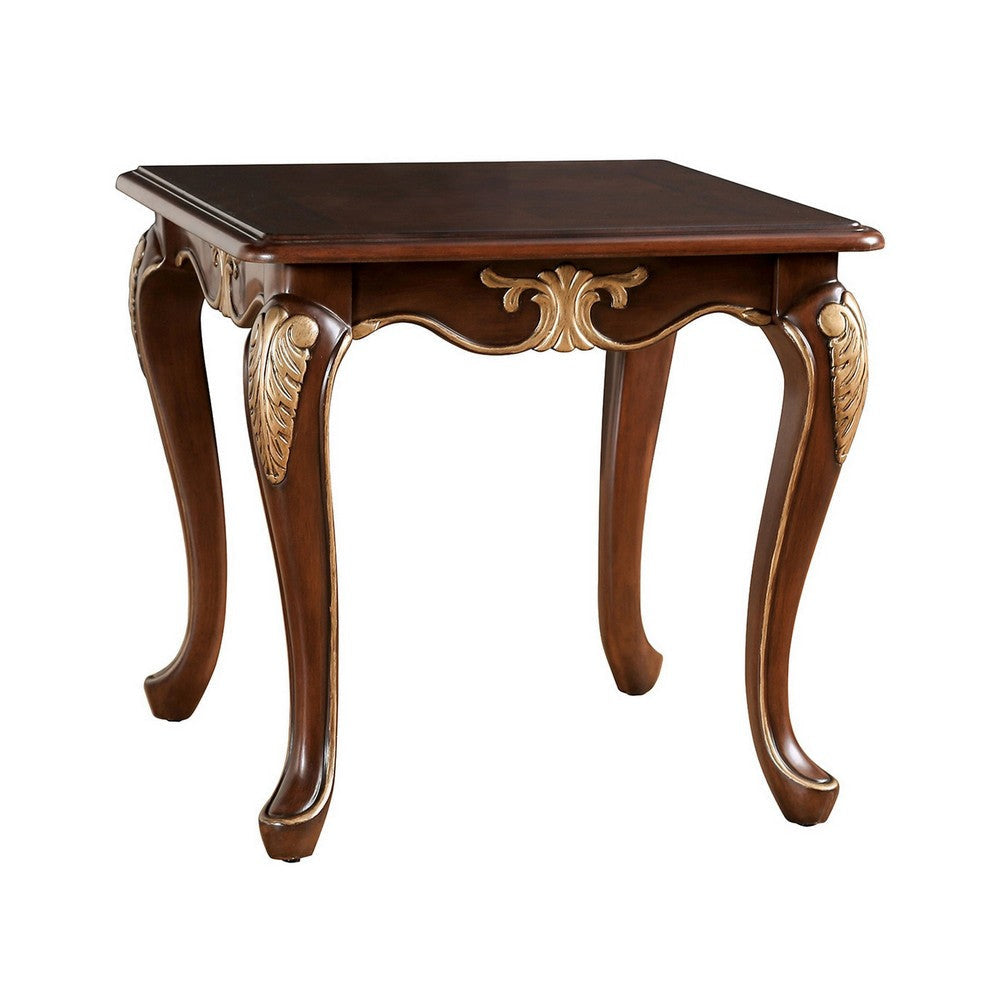 Saili Side End Table, Gold Carvings, 29 Inch, Cabriole, Tobacco Brown Wood By Casagear Home