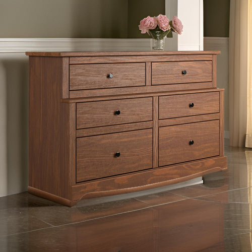 Stav Wide Dresser Chest with 6 Drawers, Plank Style, Brown Solid Wood By Casagear Home
