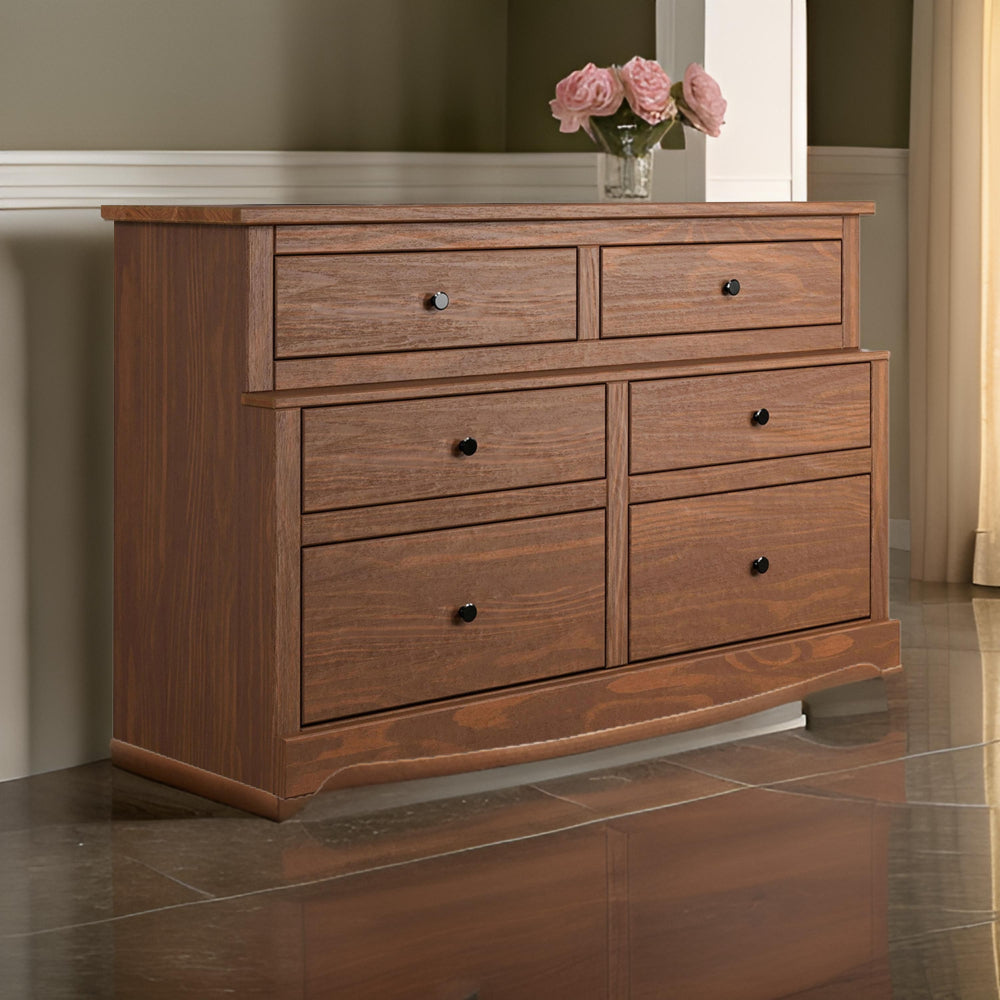 Stav Wide Dresser Chest with 6 Drawers, Plank Style, Brown Solid Wood By Casagear Home