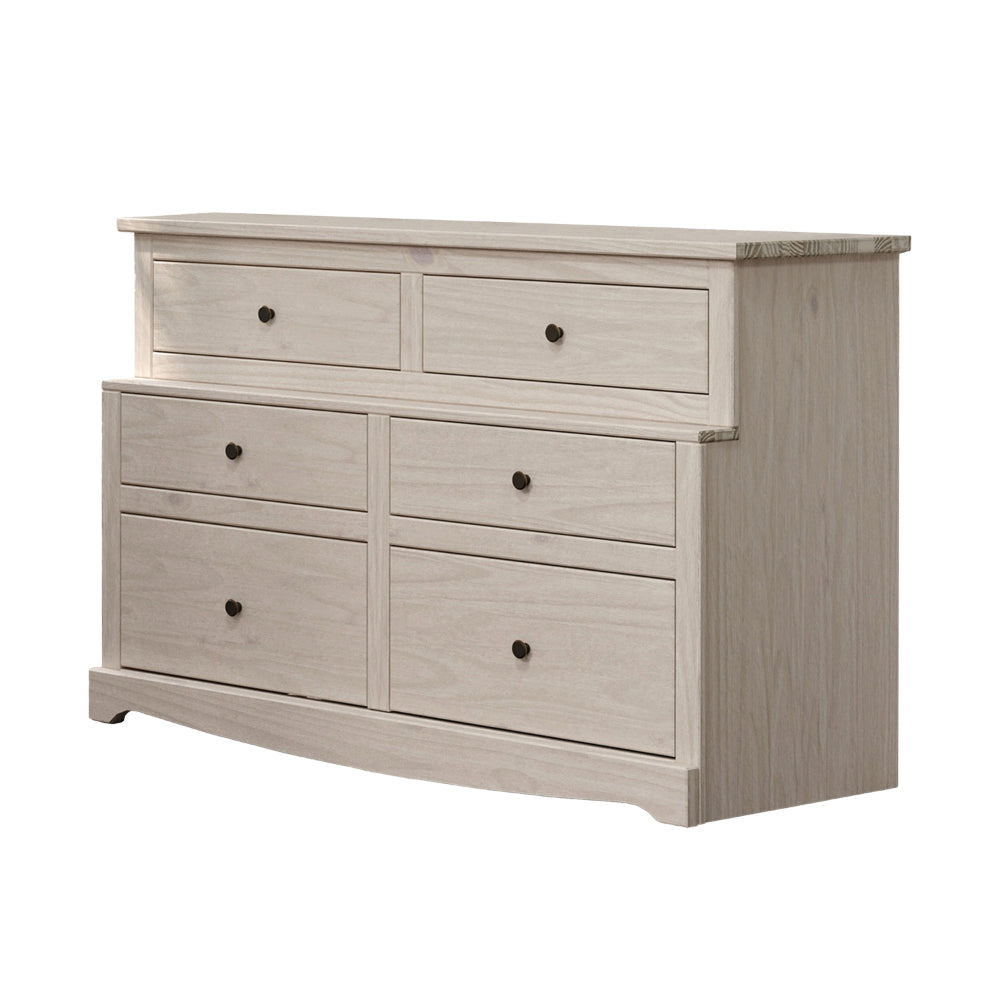 Stav Wide Dresser Chest with 6 Drawers, Plank Style, White Solid Wood By Casagear Home