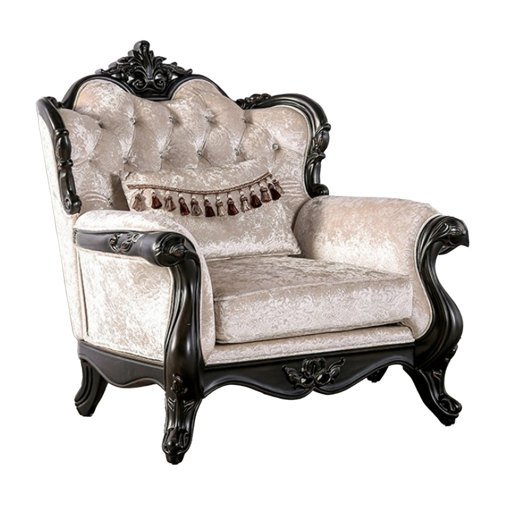 Paulo Accent Chair with Crown Molding, Diamond Tufted Off White, Black Wood By Casagear Home