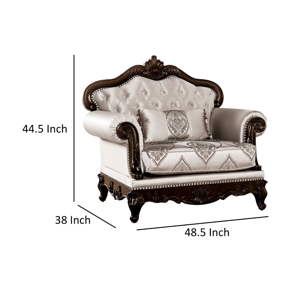 Vera Accent Chair, Tufted Jacquard Pattern, Carved Dark Cherry Brown, Beige By Casagear Home