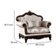 Vera Accent Chair, Tufted Jacquard Pattern, Carved Dark Cherry Brown, Beige By Casagear Home