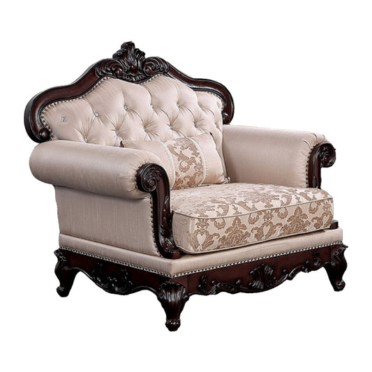 Vera Accent Chair, Tufted Jacquard Pattern, Carved Dark Cherry Brown, Brown By Casagear Home