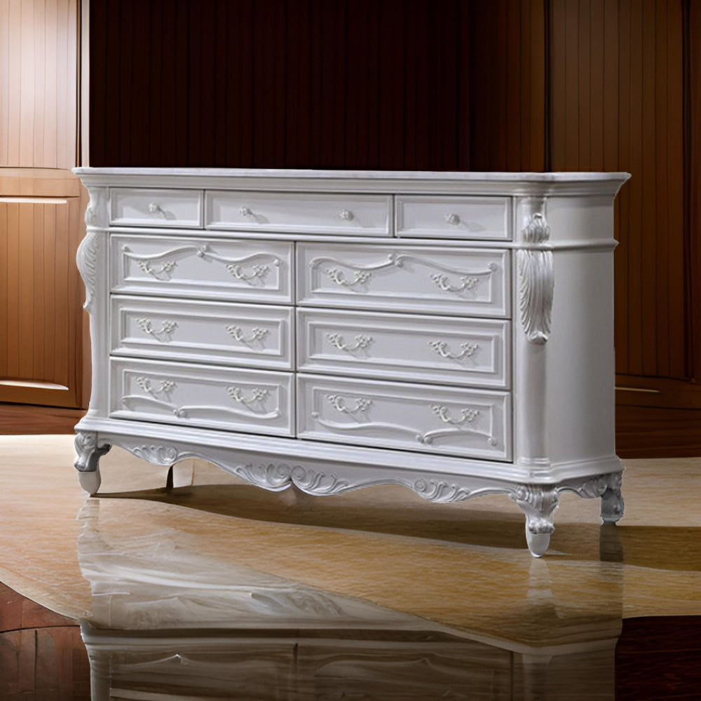 Venta Wide Dresser Chest with 9 Drawers Carved Details White Solid Wood By Casagear Home BM319847