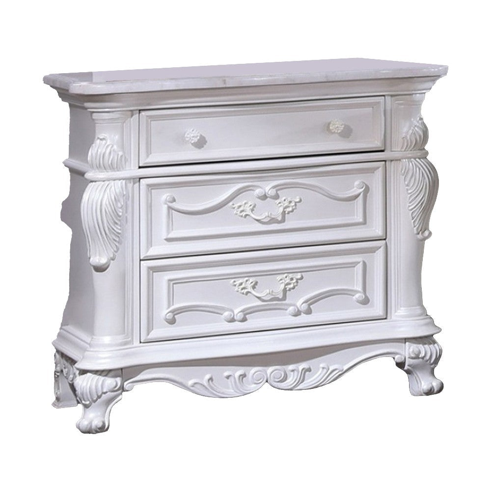 Venta Nightstand with 3 Drawers 34 Inch Carved Details White Solid Wood By Casagear Home BM319848