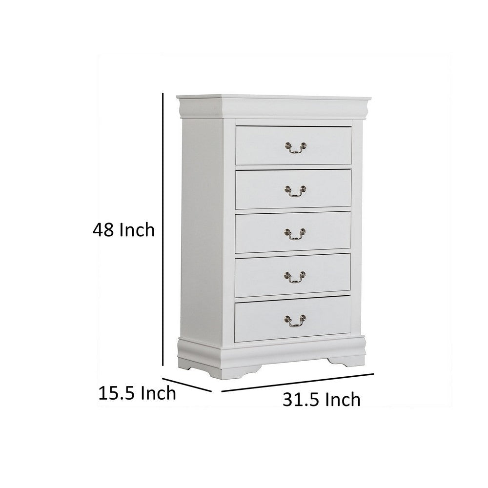 Ryla Tall Dresser Chest 5 Drawers Nickel Metal Handles White Solid Wood By Casagear Home BM319849