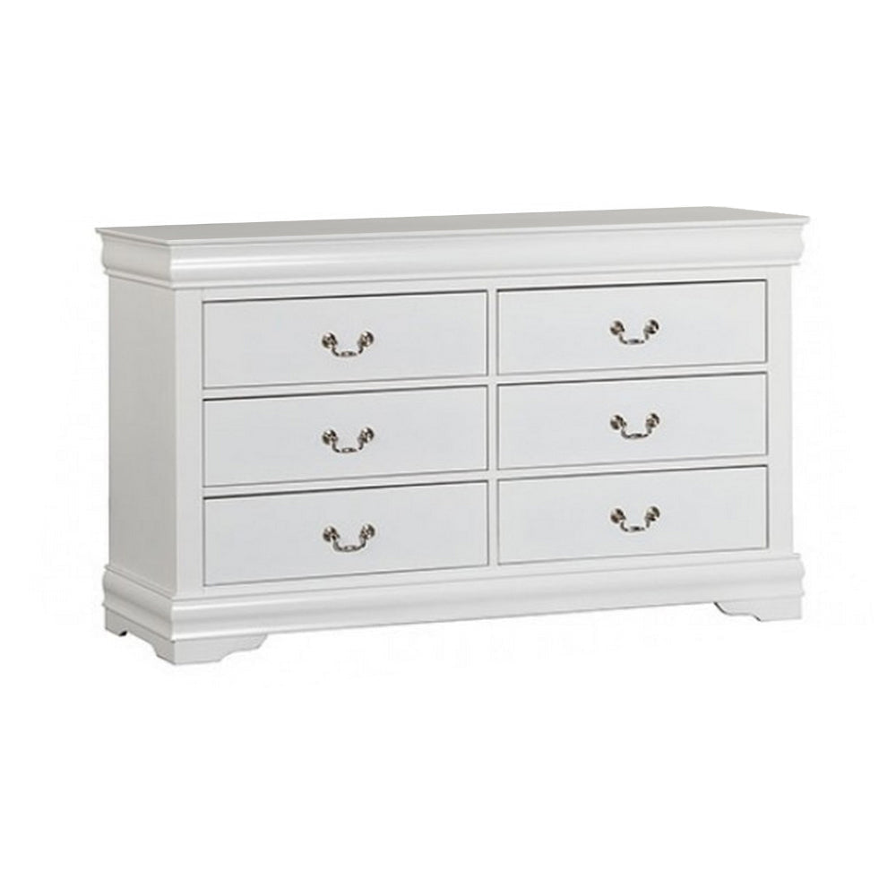 Ryla Wide Dresser Chest, 6 Drawers, Nickel Metal Handles, White Solid Wood By Casagear Home