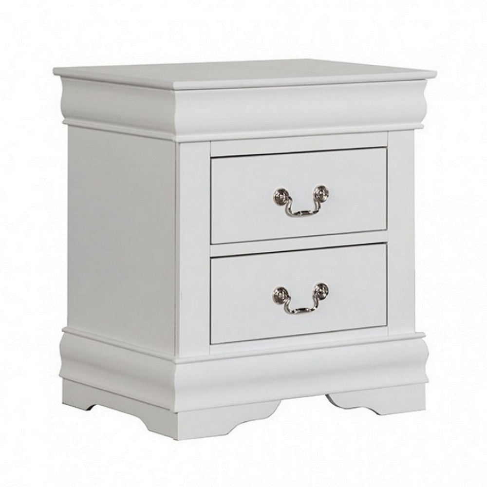 Ryla Nightstand, 2 Drawers, Classic White Solid Wood, Nickel Metal Handles By Casagear Home