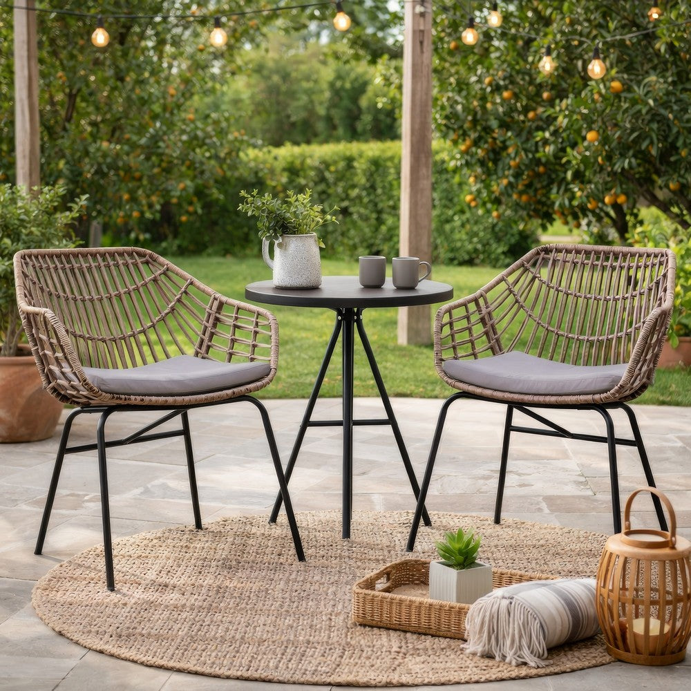 Niya Patio Chair Set of 2, Black Steel, Gray, Brown Outdoor Rattan Wicker By Casagear Home