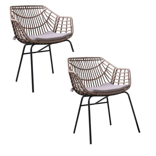 Niya Patio Chair Set of 2, Black Steel, Gray, Brown Outdoor Rattan Wicker By Casagear Home