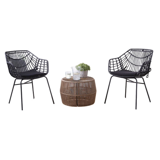 Zyan 3pc Outdoor Set, 2 Accent Chairs with Table, Black Steel, Brown Rattan By Casagear Home