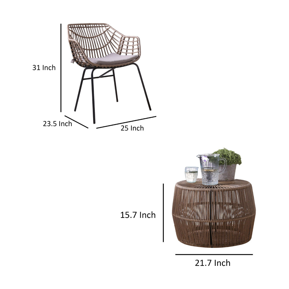 Zyan 3pc Outdoor Set 2 Accent Chairs with Table Black Steel Gray Rattan By Casagear Home BM319860