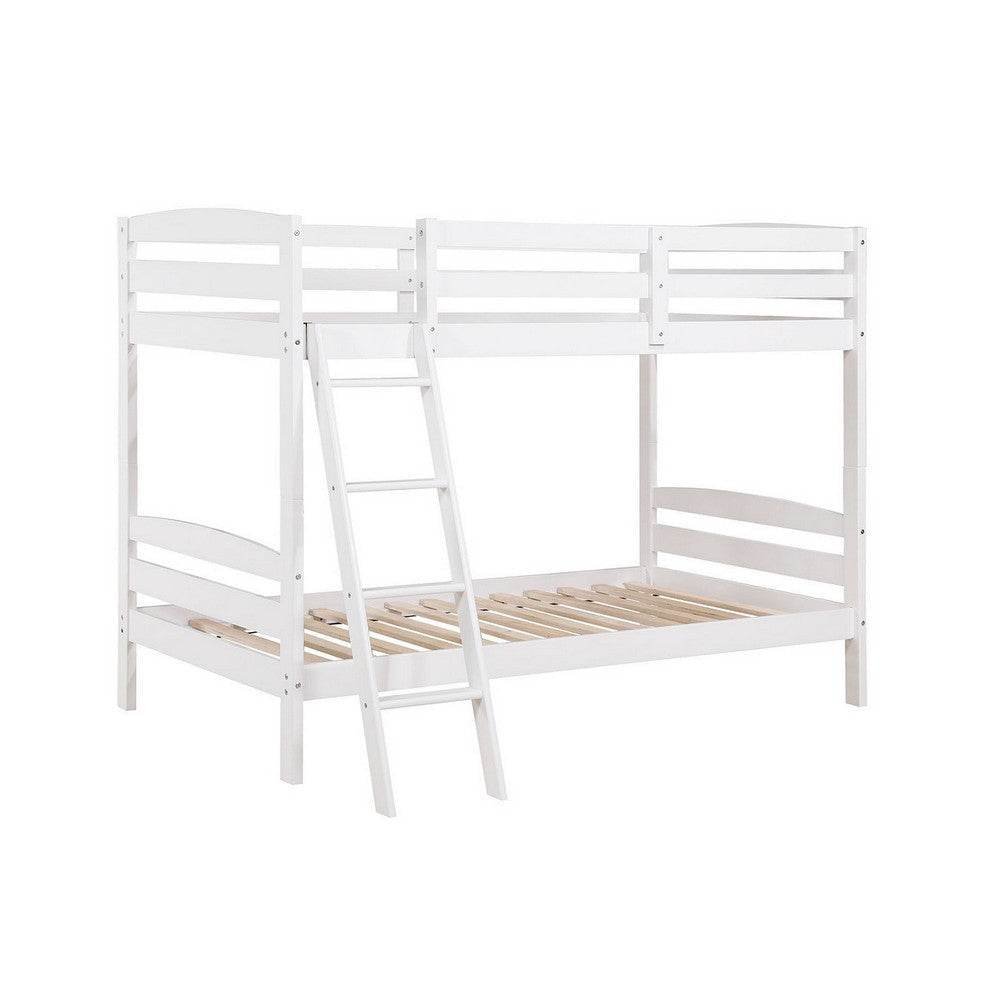 Hina Twin Bunk Bed, Angled Ladder, Sturdy Slat Design, White Solid Wood By Casagear Home