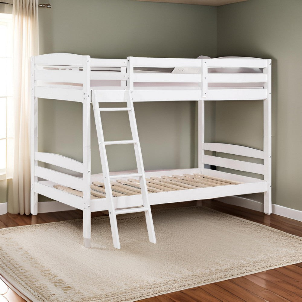 Hina Twin Bunk Bed Angled Ladder Sturdy Slat Design White Solid Wood By Casagear Home BM319862