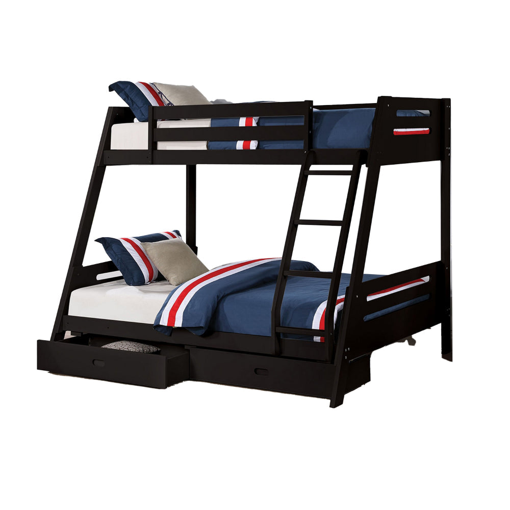 Emily Twin Over Full Bunk Bed with Ladder 2 Drawers Black Solid Wood By Casagear Home BM319863