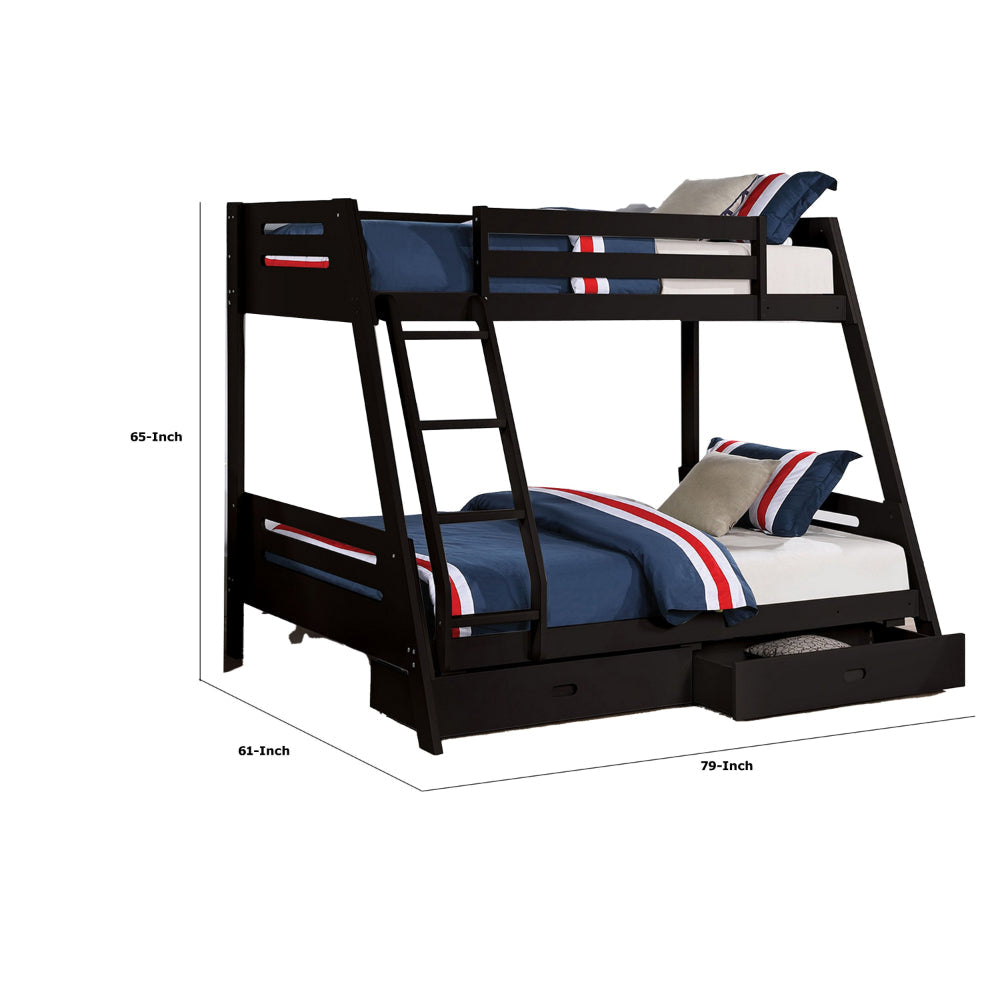 Emily Twin Over Full Bunk Bed with Ladder 2 Drawers Black Solid Wood By Casagear Home BM319863