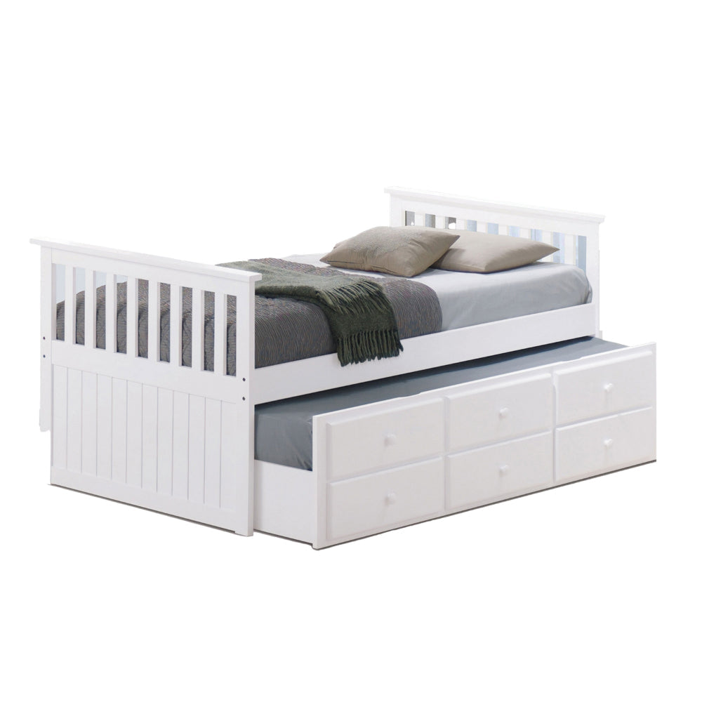 Clen Twin Captain Bed, Trundle with 3 Drawer Storage, White Solid Hardwood  By Casagear Home