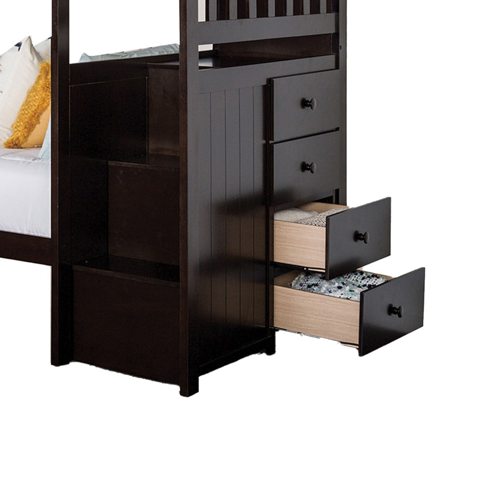 Riyo Twin Bunk Bed Built in Storage Unit Espresso Brown Solid Hardwood By Casagear Home BM319868