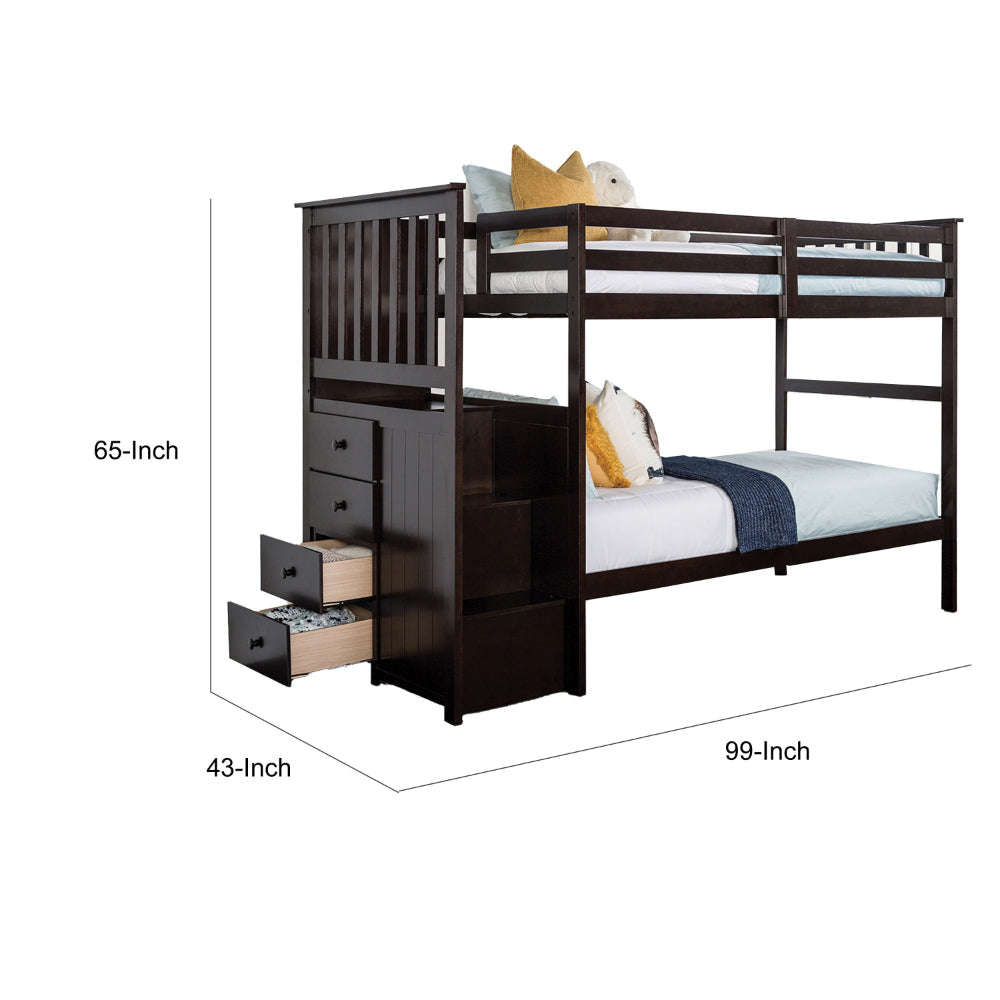 Riyo Twin Bunk Bed Built in Storage Unit Espresso Brown Solid Hardwood By Casagear Home BM319868