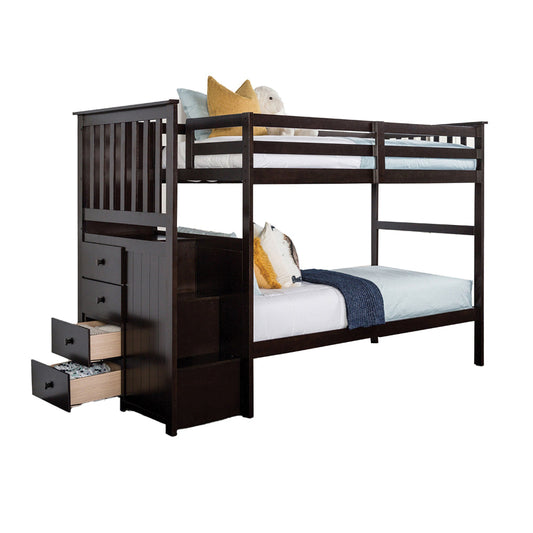 Riyo Twin Bunk Bed, Built in Storage Unit, Espresso Brown Solid Hardwood By Casagear Home