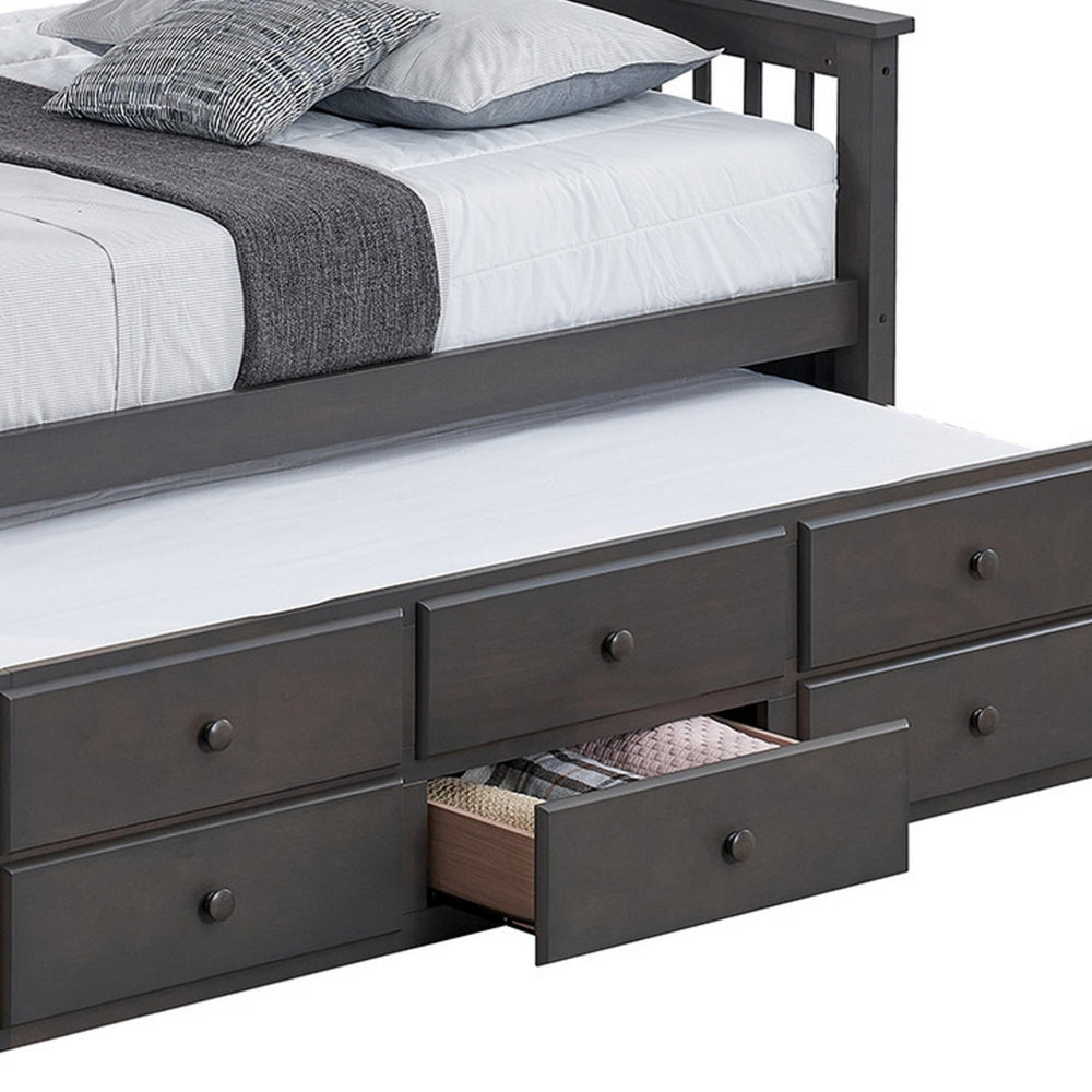 Veran Twin Over Full Bunk Bed Trundle and 3 Drawers Dark Gray Solid Wood By Casagear Home BM319873