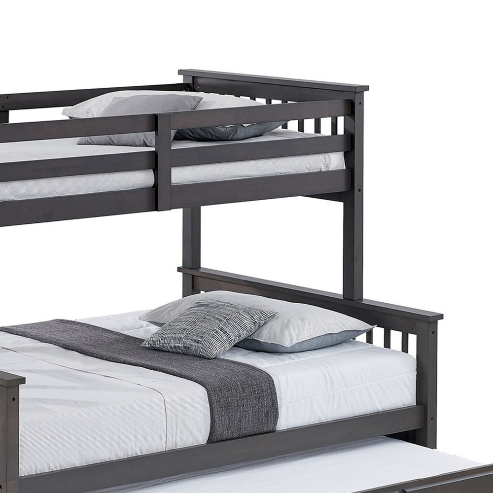 Veran Twin Over Full Bunk Bed Trundle and 3 Drawers Dark Gray Solid Wood By Casagear Home BM319873