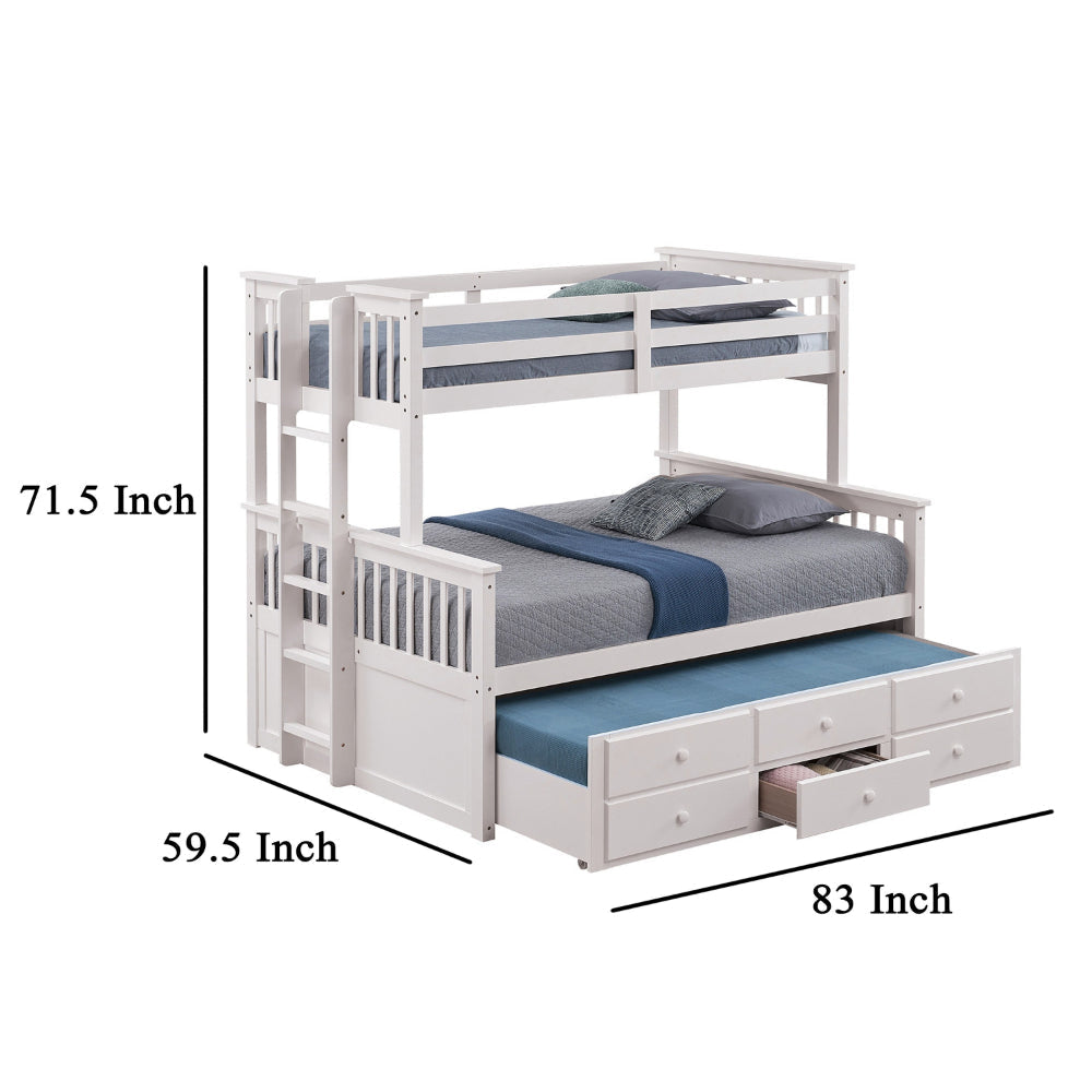 Veran Twin Over Full Bunk Bed Trundle and 3 Drawers White Solid Wood By Casagear Home BM319874