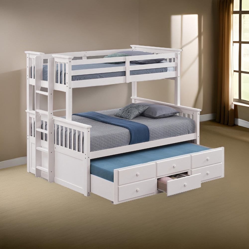 Veran Twin Over Full Bunk Bed Trundle and 3 Drawers White Solid Wood By Casagear Home BM319874