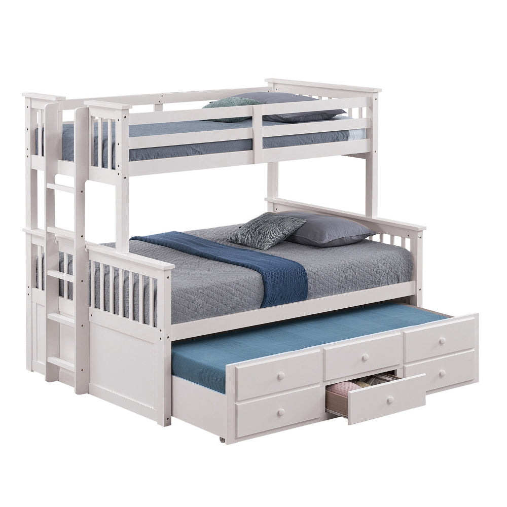 Veran Twin Over Full Bunk Bed, Trundle and 3 Drawers, White Solid Wood By Casagear Home