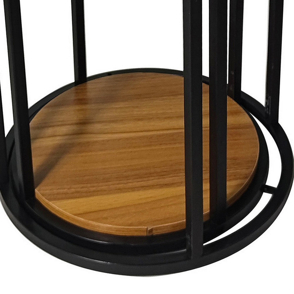 Molly Nesting Table Set of 2 Round Brown Solid Wood Top Black Metal Frame By Casagear Home BM319892