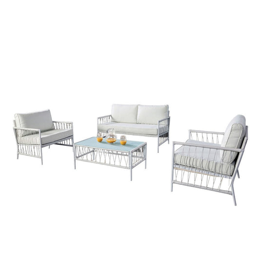 Hema 4 Piece Patio Set with 2 Chairs, Table, and Sofa, White Fabric, Metal By Casagear Home