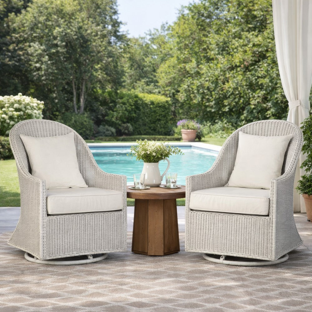 Tomo Outdoor Swivel Chair, Wingback Design, White Fabric, Wicker Rattan By Casagear Home