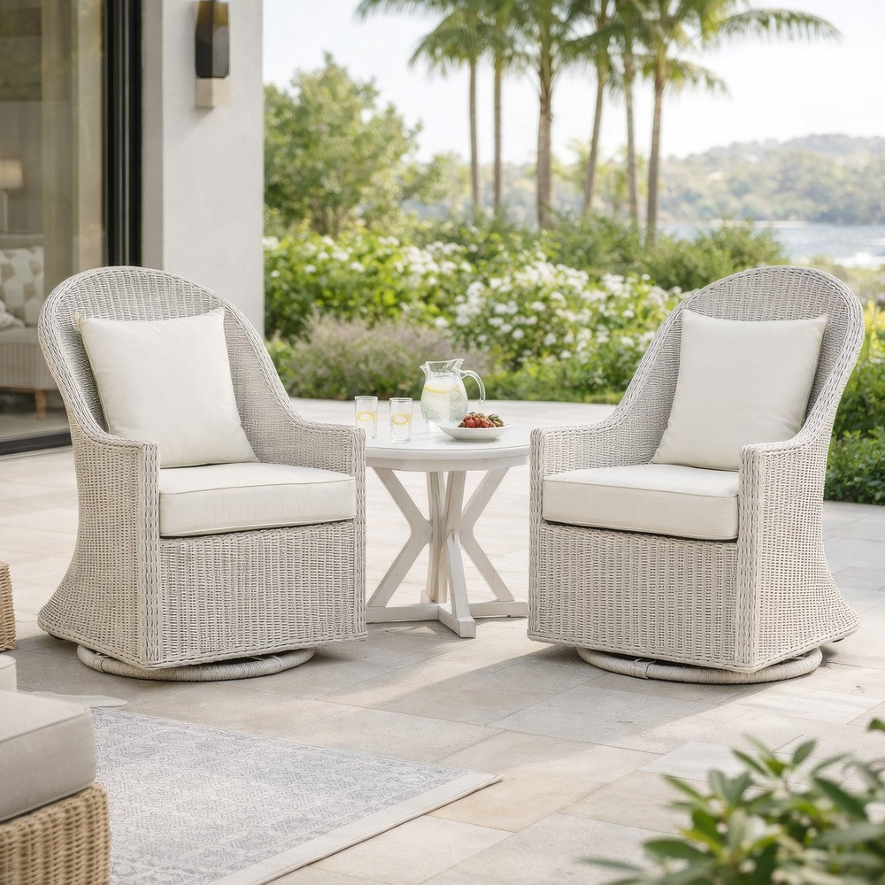 Tomo Outdoor Swivel Chair, Wingback Design, White Fabric, Wicker Rattan By Casagear Home