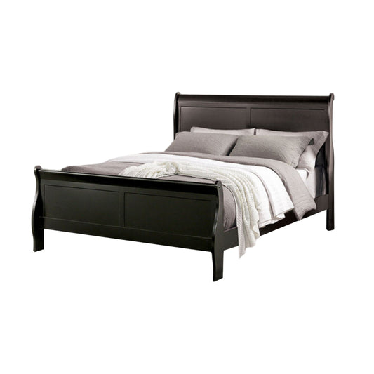 Ryla Queen Size Bed, Classic Sleigh Panel Headboard, Black Solid Wood By Casagear Home